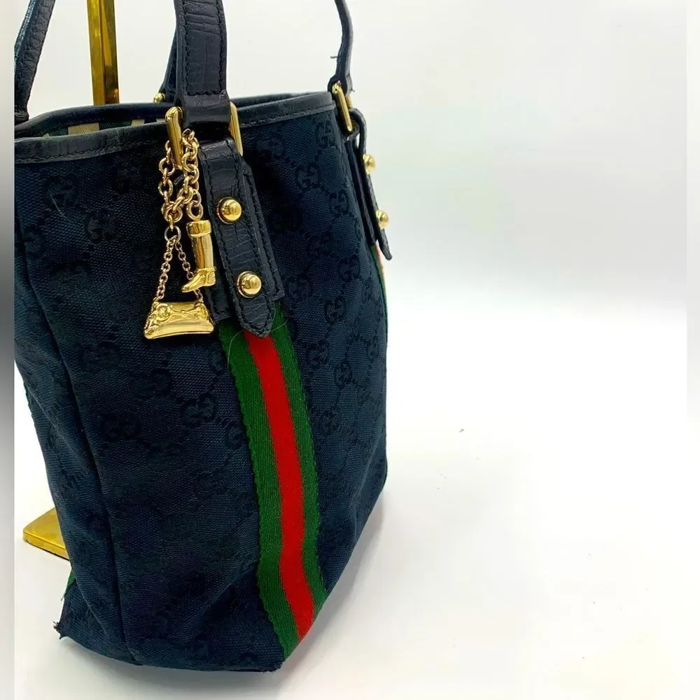 Gucci Small Black GG Canvas Sherry Line Jolicoeur Bucket Tote Bag Gold Charms